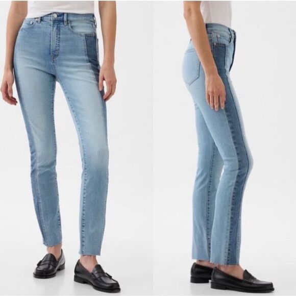 GAP 33/16 Blue Vintage Slim High Rise Light Wash Two Tone Stripe Raw Hem Jeans - Picture 1 of 16